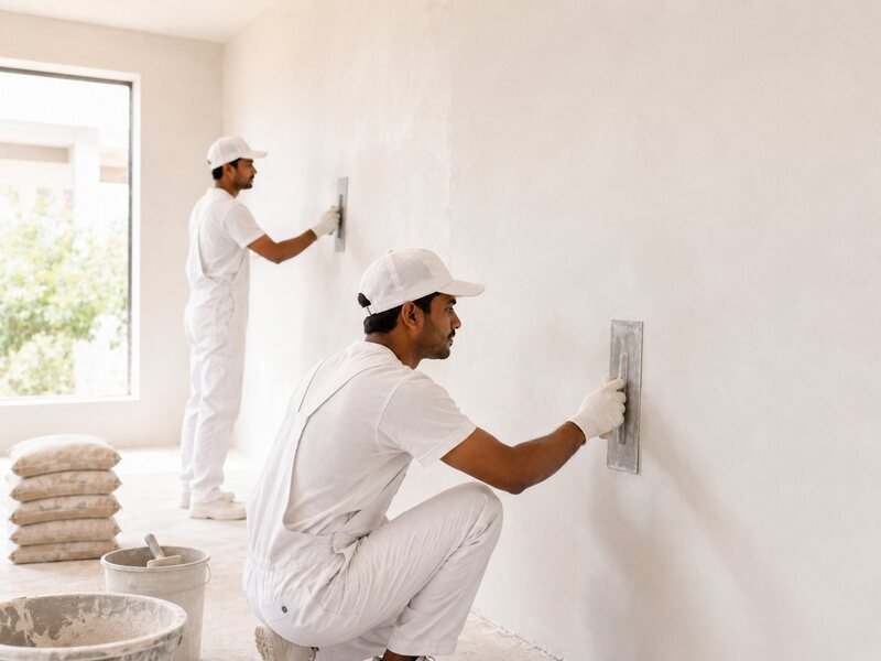 Efficient construction worksite demonstrating cost savings with Ambhuti Wall Putty