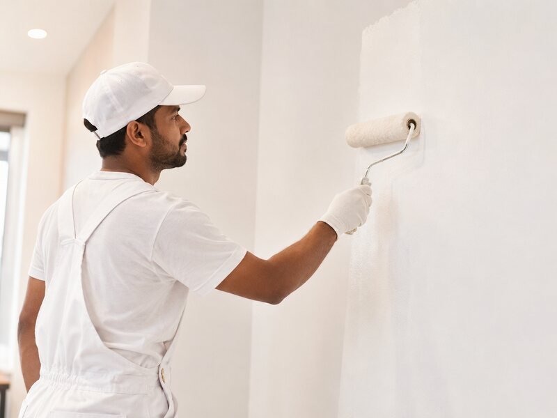 Painter applying emulsion directly on Ambhuti Wall Putty — no primer needed