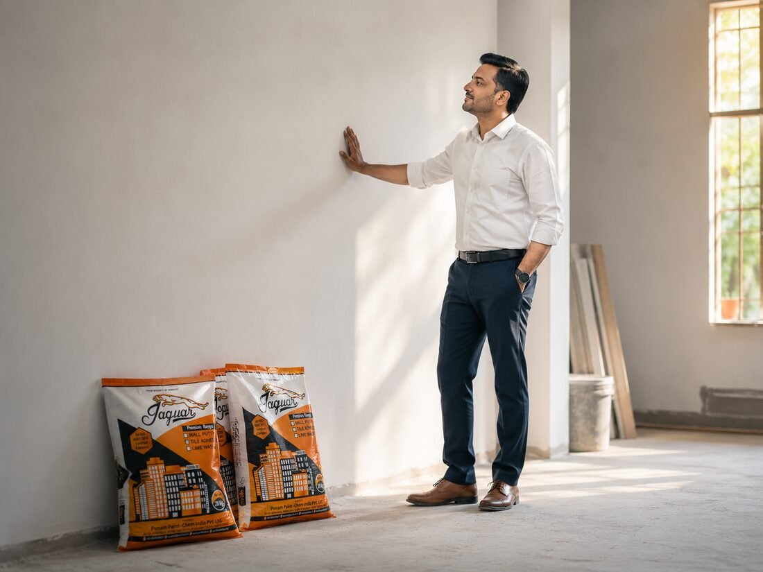 Ambhuti founder inspecting a freshly applied wall finish at a construction site, with Jaguar Wall Putty bags in the foreground
