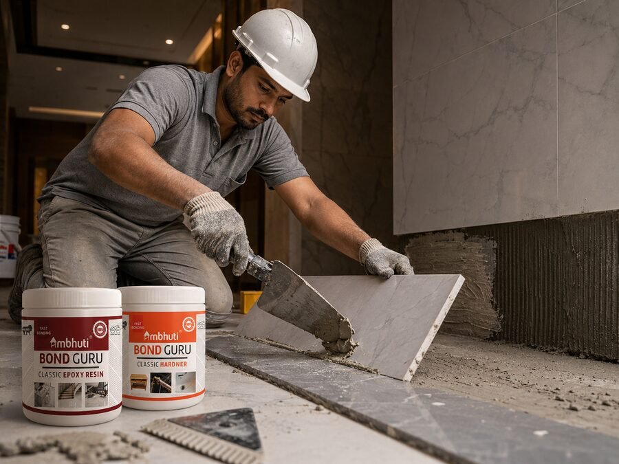 Worker laying tile with Ambhuti Bond Guru epoxy adhesive