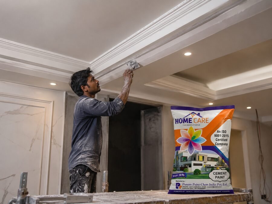 Plasterer finishing a decorative ceiling cornice with Ambhuti Plaster of Paris