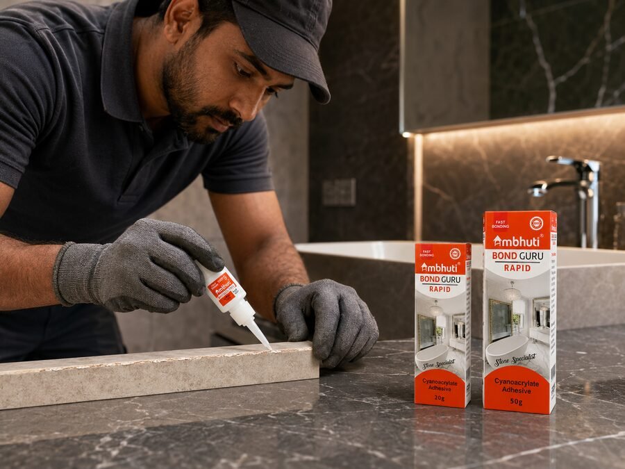 Worker applying Ambhuti Rapid cyanoacrylate adhesive to bond stone tiles