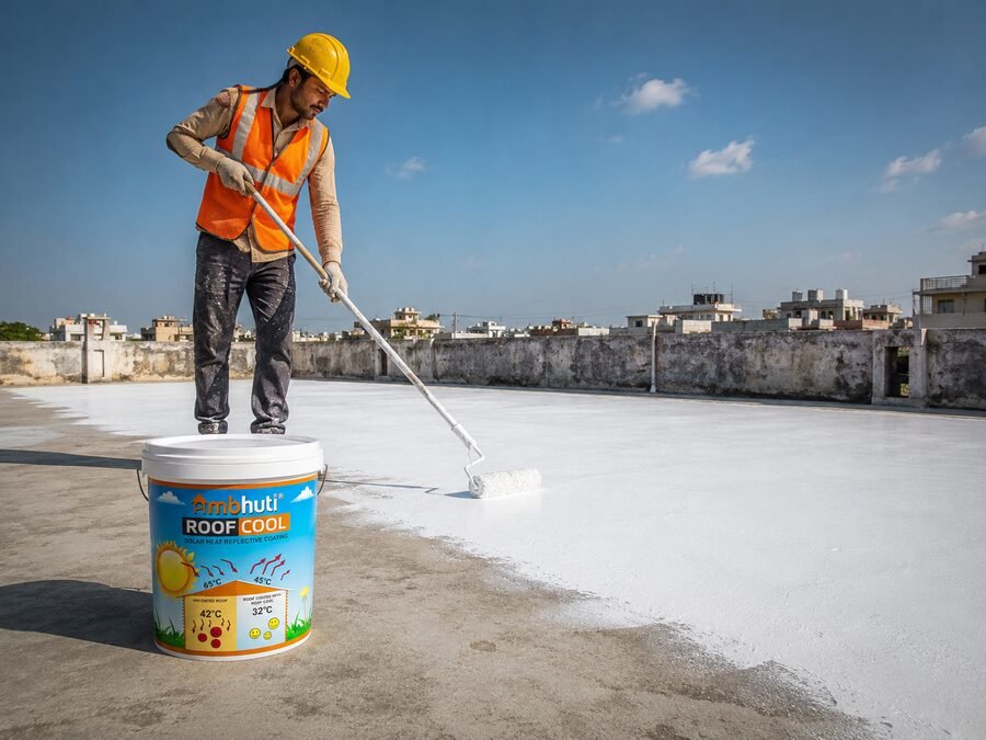 Worker applying Ambhuti Roof Cool reflective coating on a terrace roof