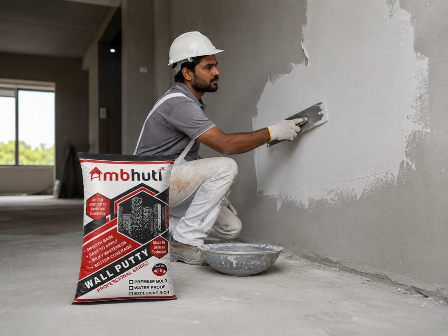 Mason applying Ambhuti Wall Putty to a wall, smoothing the finish coat